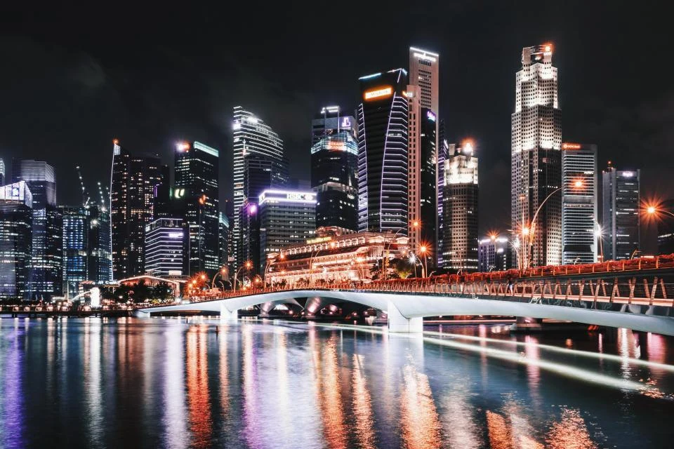 Singapore waterfront and illuminated architecture at night